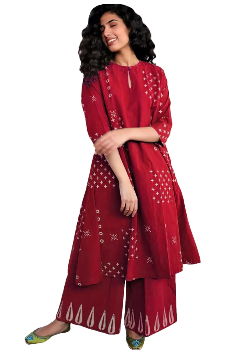 جو سريكي كورتا مطبوعة على شكل A خط من رايون فيسكوز نسائية GoSriKi مع قصر (تشاوريا أحمر GS_XXL_Red_XX-كبير)